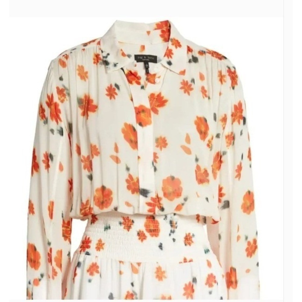 Rag & Bone Floral Smocked Mini Dress White Orange Long Sleeve Boho Date Night M